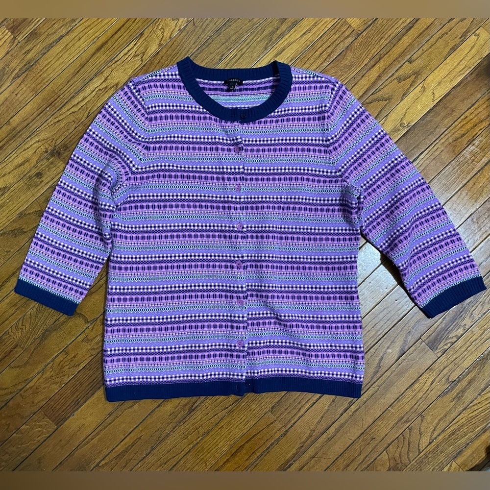 Talbots Sweater Women Large Purple Blue Striped Cardigan Lambs Wool Fair Isle